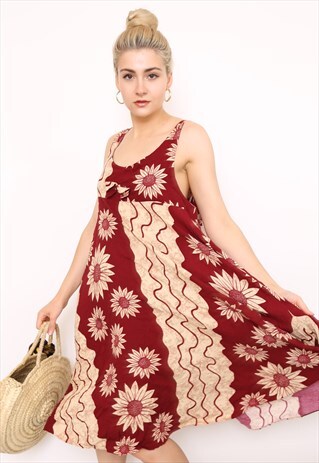 VINTAGE 90S RED BROWN SUNFLOWER MIDI DRESS