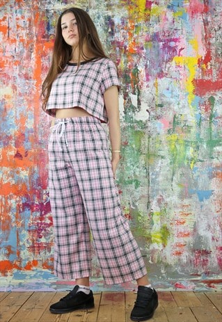 DRAWSTRING CROP TROUSERS CROP TOP CO-ORDINATES IN PINK CHECK
