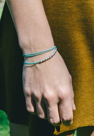 SILVER BEADS WRAPPED BRACELET TURQUOISE CORD GIFT FOR HER