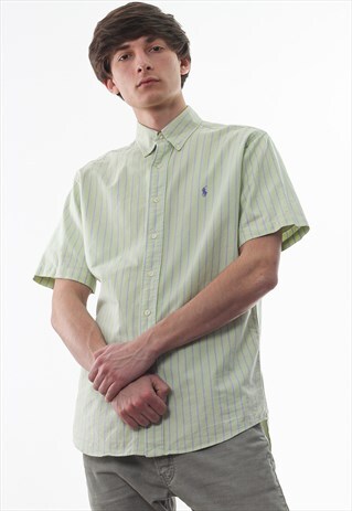 VINTAGE POLO RALPH LAUREN 90S GREEN STRIPED SHORT SLEEVE