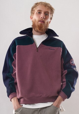VINTAGE MENS DIADORA LOGO FLEECE HALF ZIP PULLOVER JACKET