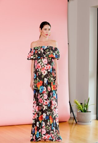 MAXI FLORAL DRESS, BLACK SUMMER DRESS, OFF SHOULDER DRESS