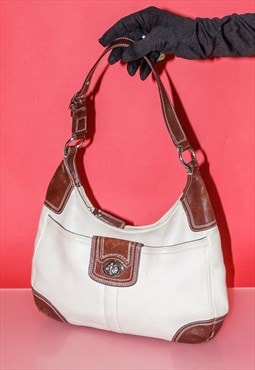 Vintage Y2K classy leather soho hobo bag in white & brown