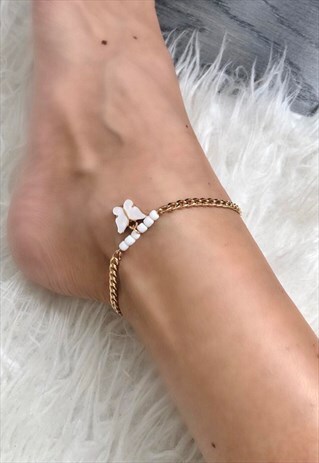 Gold & White Coloured Butterfly Ankle Bracelet