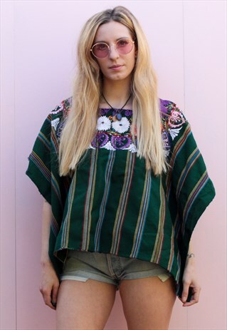 VINTAGE PERUVIAN FLORAL EMBROIDERED PONCHO TOP