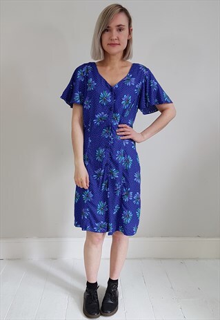 VINTAGE 90'S BLUE AND GREEN FLORAL AND POLKA DOT PLAYSUIT