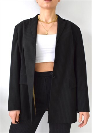VINTAGE 80S 90S PINSTRIPE DARK GREEN BLAZER JACKET