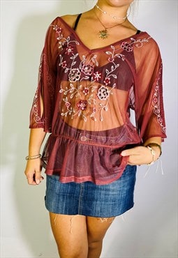 Vintage Size S Y2K Floral Embellished Top In Red