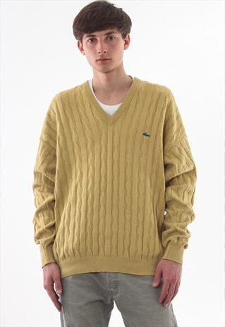 VINTAGE LACOSTE SWEATER V-NECK 90S YELLOW CABLE KNITTED