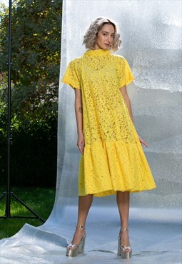 Yellow Lace Dress With High Neck