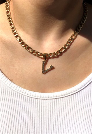 INITIAL PENDANT 7MM CHAIN NECKLACE GOLD