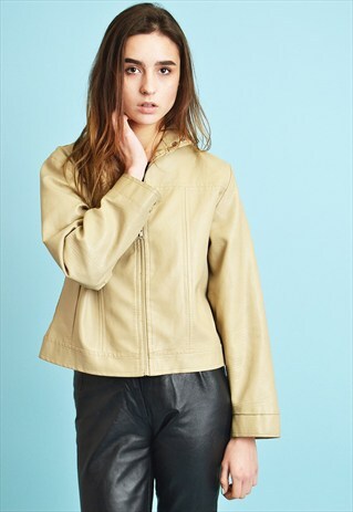 VINTAGE 90'S RETRO FAUX LEATHER SCANDI CROPPED JACKET