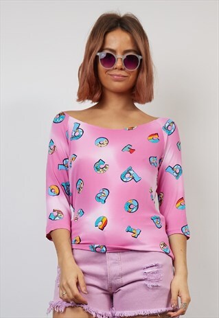 VINTAGE 90'S ROCCOBAROCCO PINK ALPHABET PRINT TOP