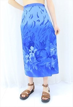 90s Vintage Blue Floral Midi Wrap Skirt (Size XL)