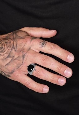 54 Floral Black Resin Band Signet Ring - Silver
