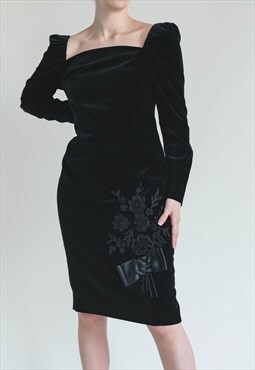 Vintage 60s Black Velvet Square Neck Long Sleeve Dress