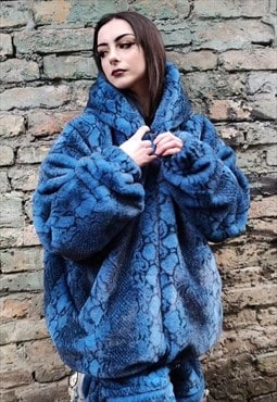 Python faux fur jacket 2 in1 detachable snake bomber in blue