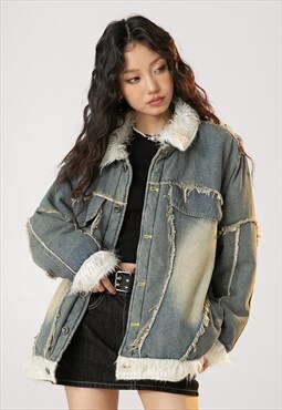 Winter denim jacket faux fur lined jean bomber bleached coat
