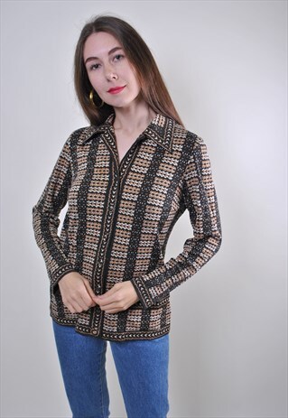 WOMEN ABSTRACT PRINT BOHO BROWN LONG SLEEVE BLOUSE