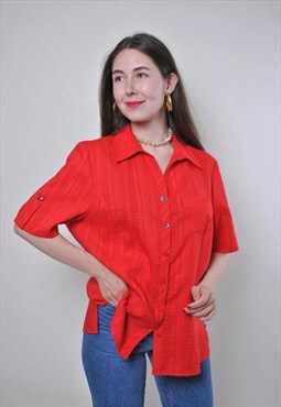 Vintage red short sleeve plus size striped blouse 
