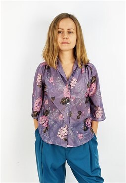 Vintage 80's see-through purple shirt with floral pattern