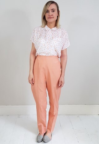 VINTAGE 80'S SHEER PEACH SQUARE PATTERN BLOUSE