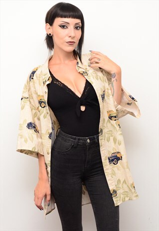 VINTAGE 90'S CLASSIC CAR PRINT PATTERNED BOYFRIEND SHIRT