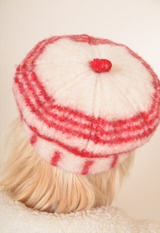 VINTAGE WOOL PATTERNED HAT IN CREAM AND RED