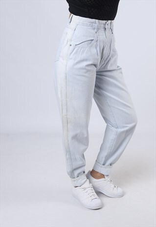 DENIM JEANS HIGH WAISTED TAPERED LEG STRIPED UK 10 (KCG