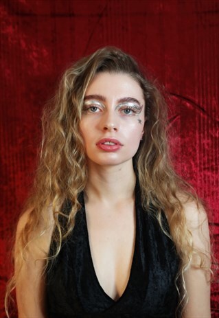 BLACK CRUSHED VELVET HALTER TOP