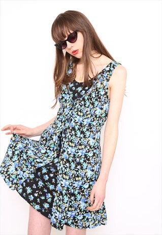 VINTAGE 90S BLUE FLORAL PRINT MINI DRESS