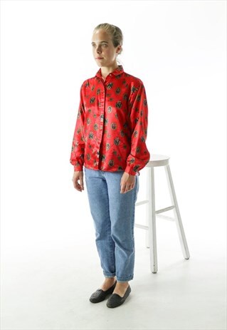 SILK RED BLOUSE / VINTAGE SILKY TOP / LONG SLEEVE BLOUSE