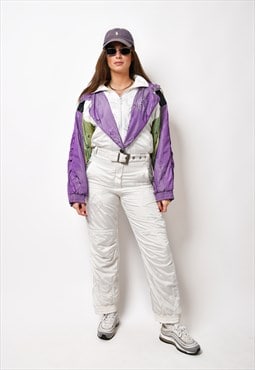 80s vintage ski suit for women white purple Retro winter 