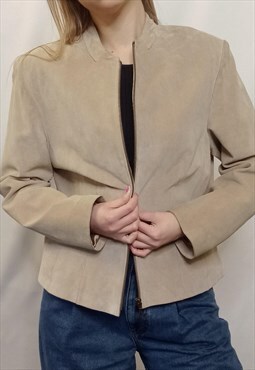 80's Vintage Jacket Beige Suede Leather Zip-Up