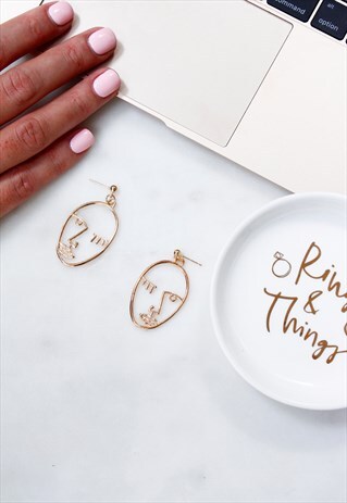 GOLD FACE ABSTRACT CUT OUT DROP DANGLE EARRINGS