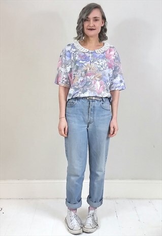 VINTAGE 90'S FLORAL BUTTON TOP W/ CROCHET COLLAR