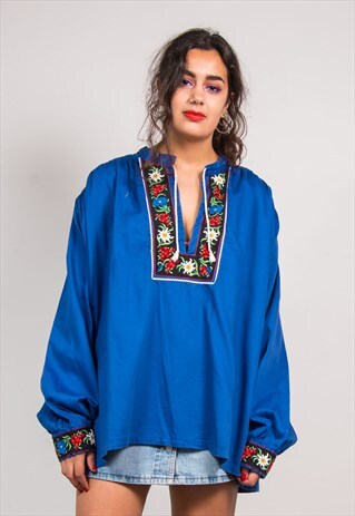 VINTAGE 90'S BLUE FESTIVAL HIPPIE SUMMER TUNIC TOP