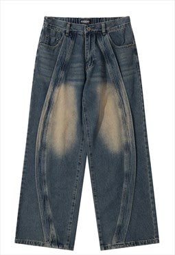 Wide jeans utility trousers acid wash denim pants in blue