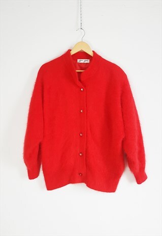 1980S VINTAGE RED ANGORA CARDIGAN, RED FLUFFY ANGORA SWEATER