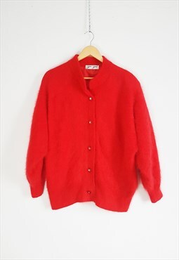 1980s Vintage Red Angora Cardigan, Red Fluffy Angora Sweater