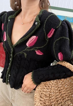 Vintage 70s Embroidered floral knit Milkmaid sweater cardiga