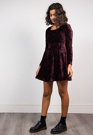 VINTAGE 90'S DEEP PURPLE VELVET LONG SLEEVE SKATER DRESS