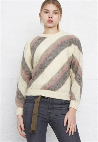 VINTAGE BEIGE GREY ROUND NECK KNIT WOOL JUMPER SWEATER