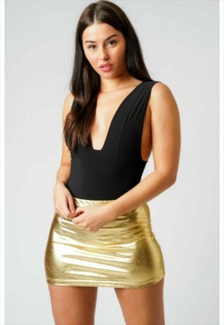 GOLD METALLIC BODYCON HIGH WAIST PARTY CASUAL SHORT SKIRT