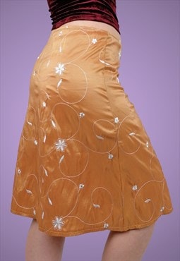 90's Y2K A-line Skirt Flowers Embroidery Shimmer Tangerine