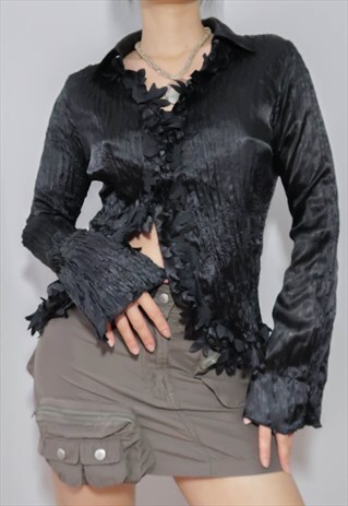 VINTAGE Y2K GRUNGE GLAM PLEATED SATIN SHIRT
