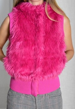 Y2K Barbie Pink Faux Fur Hooded Womens Vest