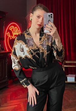 Baroque Print Bodysuit Blouse, Silky Leopard Wrap Blouse