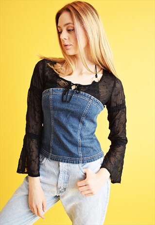 90'S MESH ABSTRACT FLORAL PATTERN & DENIM BLOUSE TOP