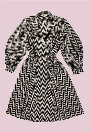 BLACK WHITE STRIPED ELASTICATED VINTAGE MIDI SHIRT DRESS